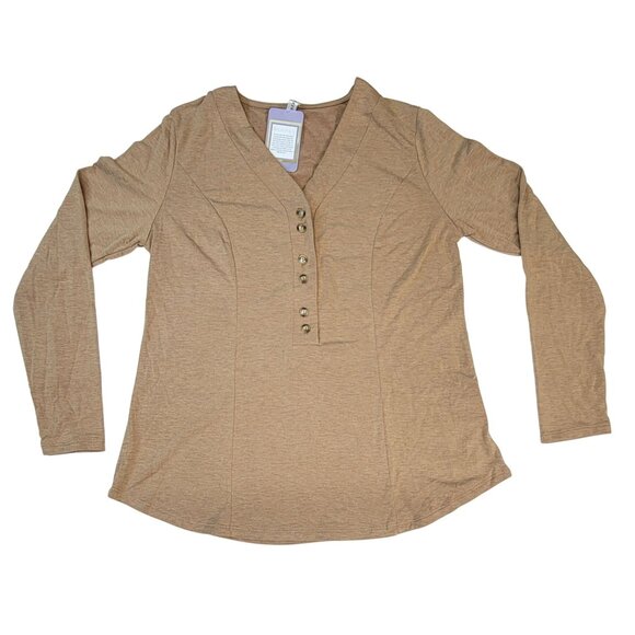 Emerald Long Sleeve Top V Neck Tan Camel 1/2 Button Down Detail Womens Small - Picture 1 of 6